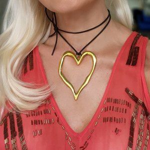 FP Jewel Long Necklace Boho Choker Gypsy Gold Heart Suede Dark Brown Cord
